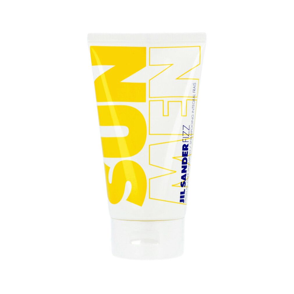 Weiß-gelbe Tube mit Aufschrift SUN MEN und Jil Sander Fizz. Deckel unten. Produktverpackung.