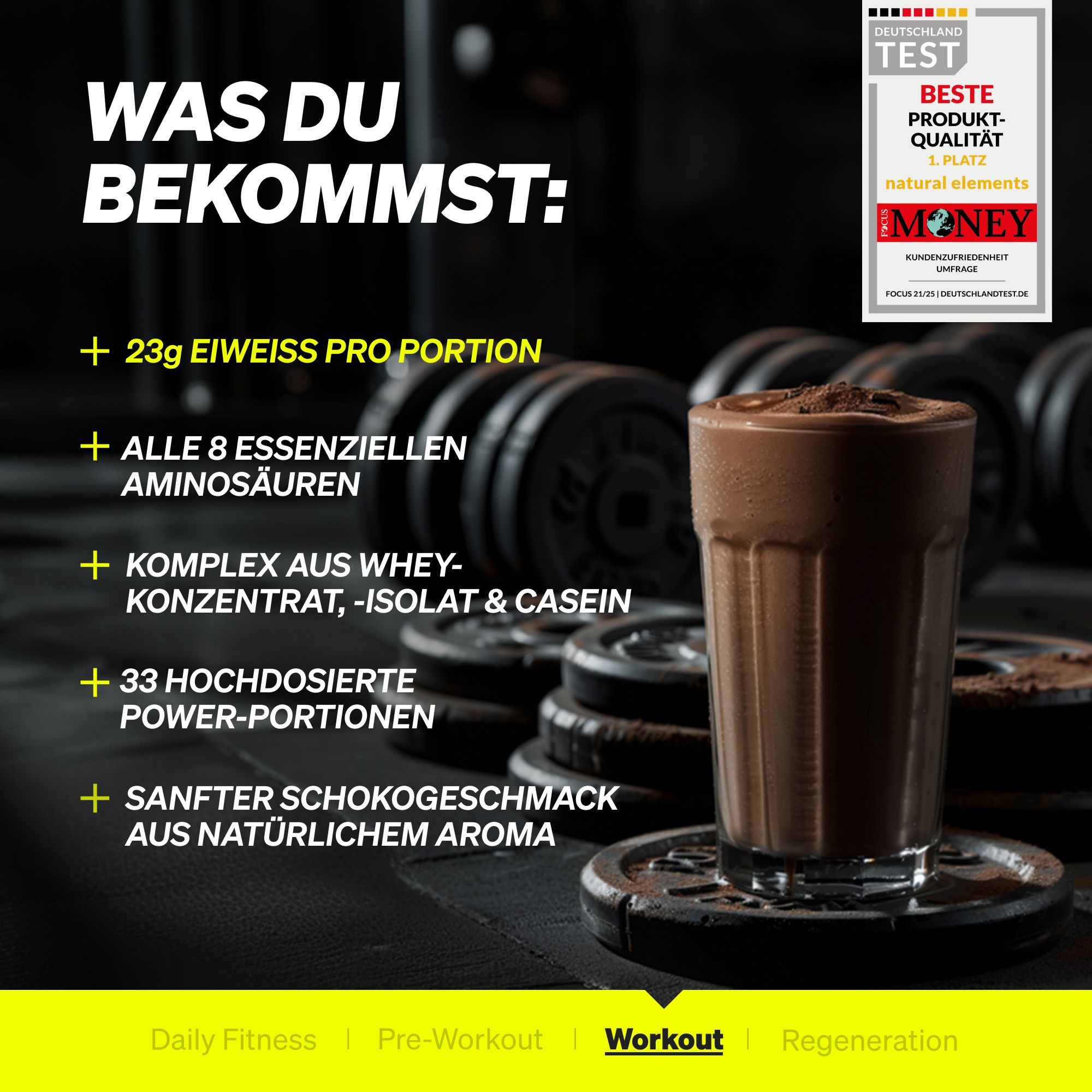 Glas mit Schoko-Protein-Shake, umgeben von Sportgeräten. Text: 23g Eiweiß pro Portion, alle 8 Aminosäuren. Auszeichnungen.