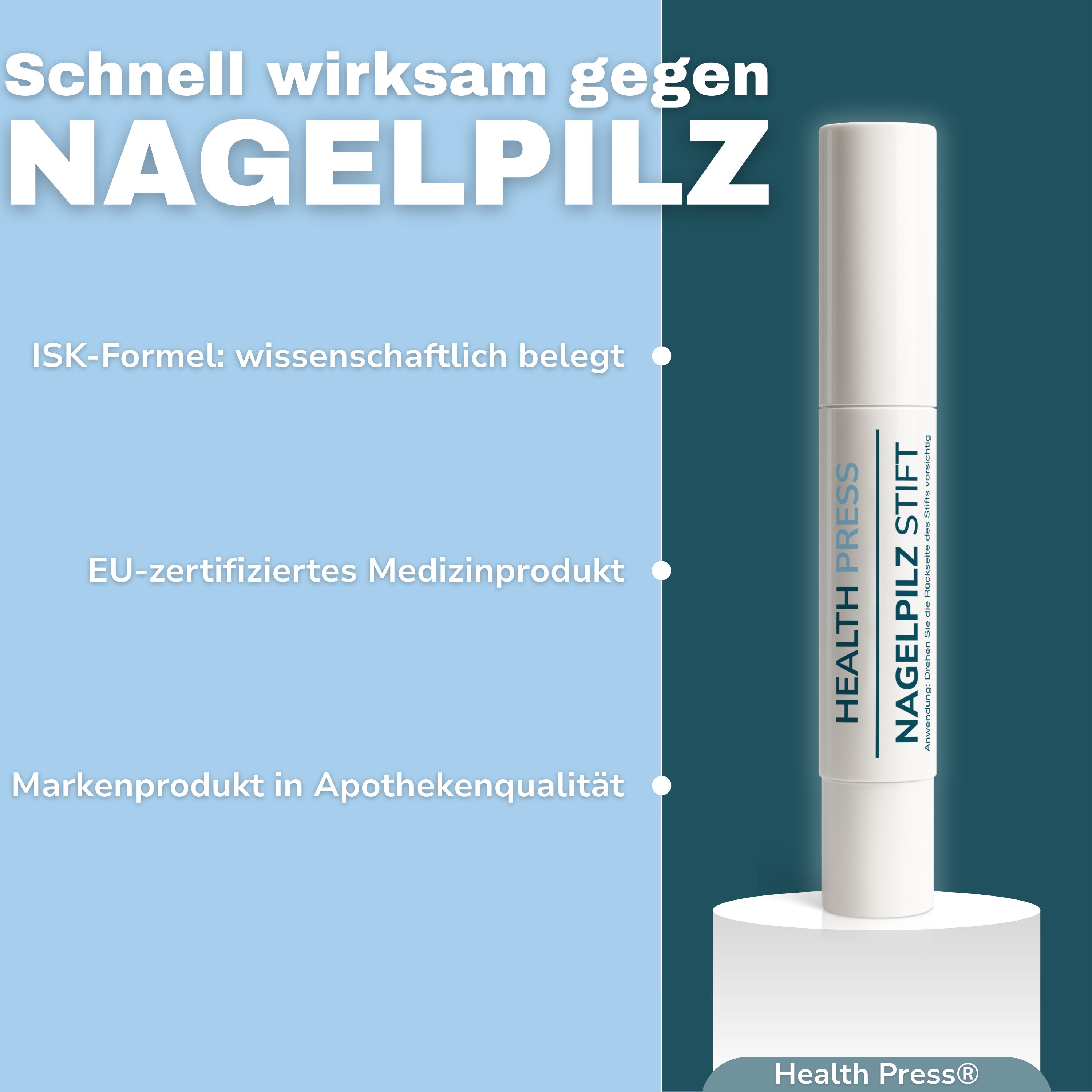 Weißer Stift mit blauer Beschriftung. Text: Health Press Nagelpilz Stift. EU-zertifiziertes Medizinprodukt.