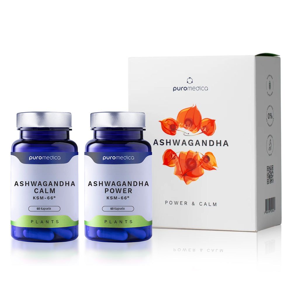 Zwei Flaschen Ashwagandha POWER und CALM KSM-66 von Puromedica.