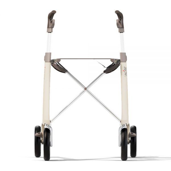 Leichter Rollator in Beige, von vorne mit vier Rädern und höhenverstellbarem Griff.