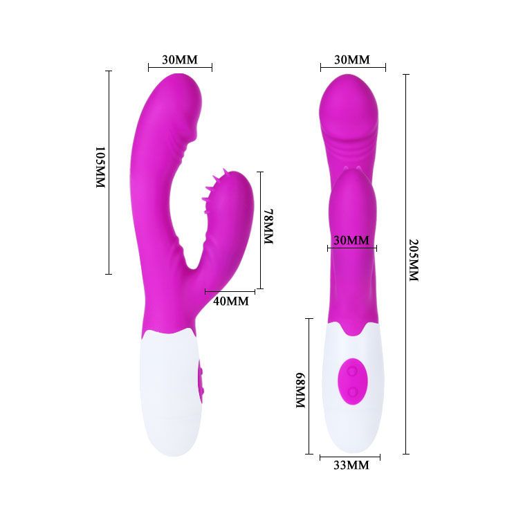 Zwei Ansichten eines lila Vibrators mit weißem Griff. Abmessungen in mm angegeben. Auf weißem Hintergrund.