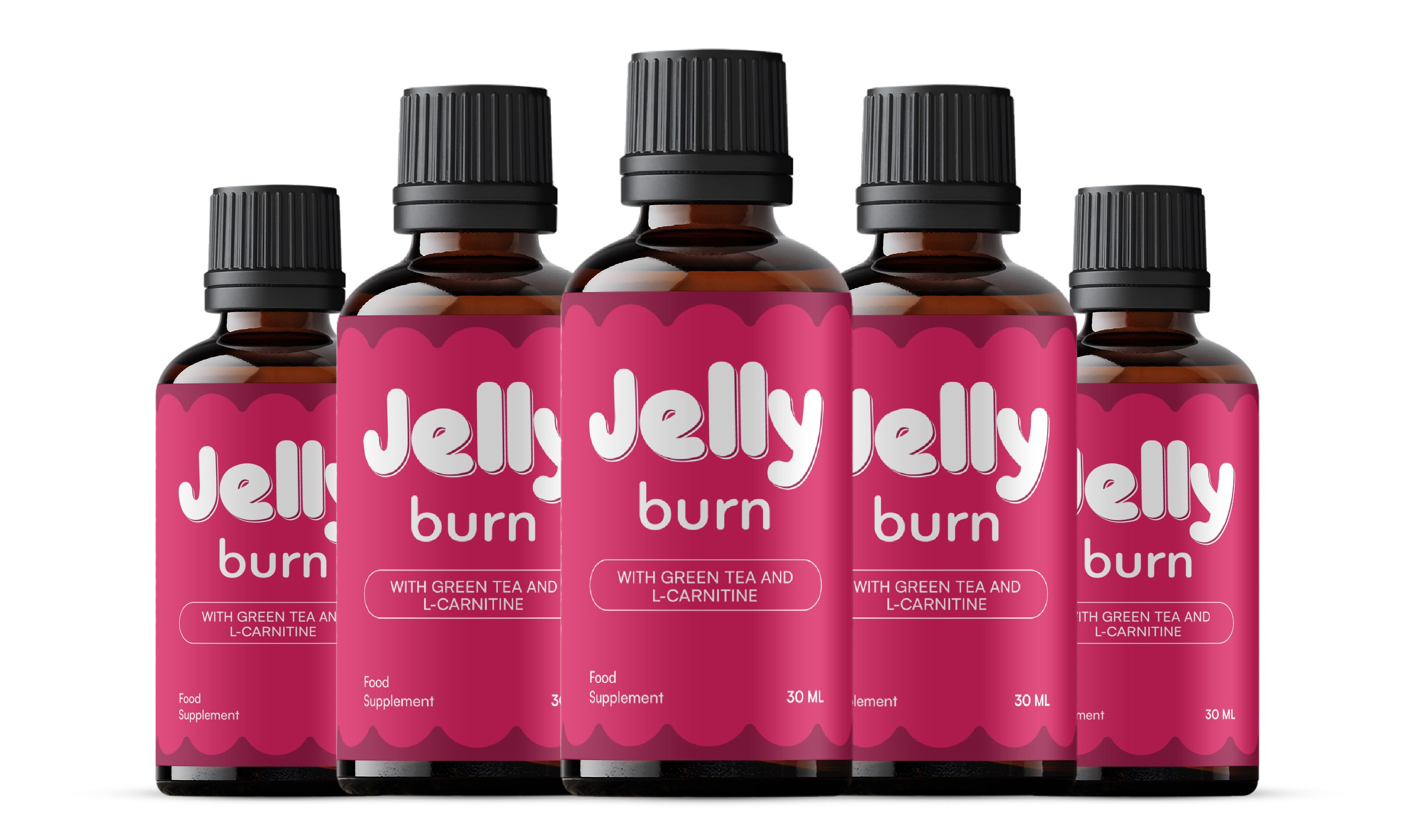 Fünf braune Tropfflaschen mit pinken Etiketten, die 'Jelly burn' zeigen.