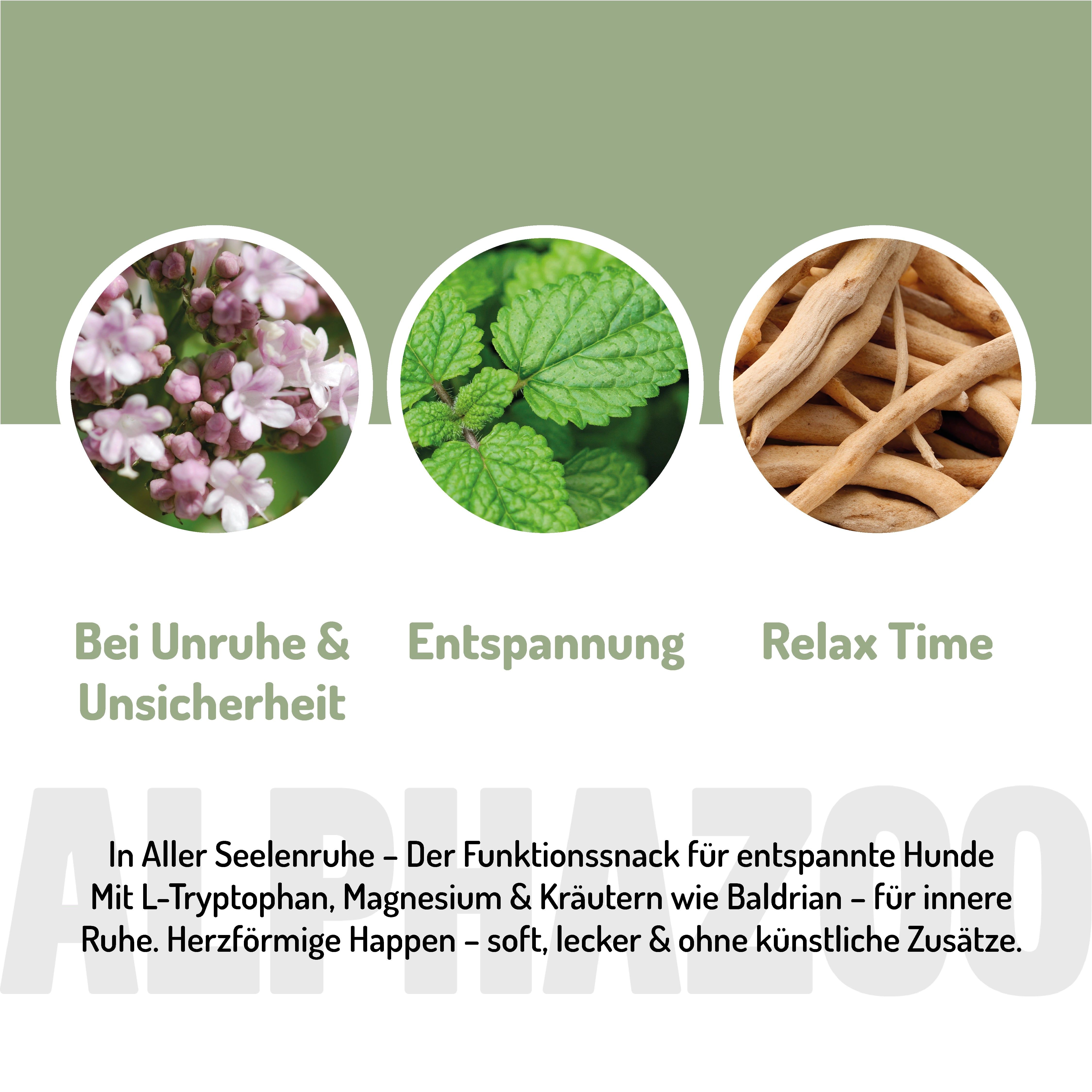 Kreisförmige Abbildungen von Baldrian, Melisse und Kräutern. Text: "In Aller Seelenruhe - Der Funktionssnack".