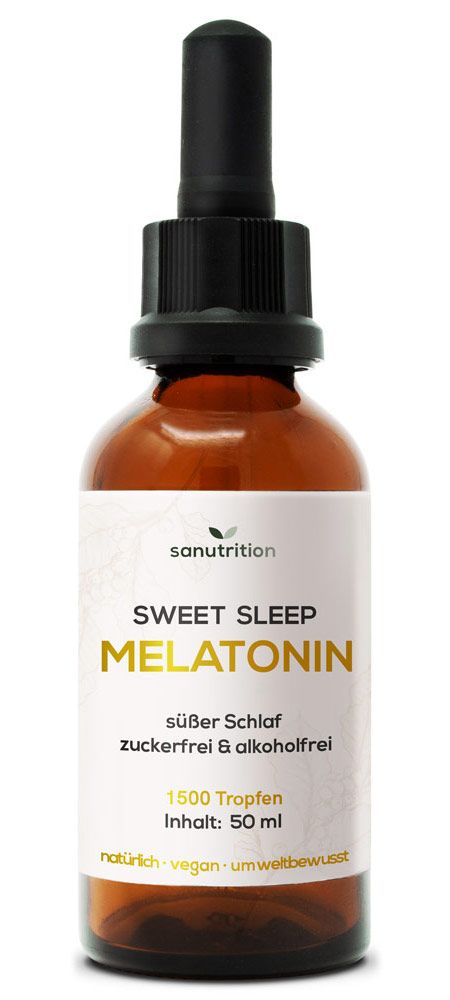 Braune Glasflasche mit Tropfer. Etikett mit "Sweet Sleep Melatonin". 50 ml. Zuckerfrei & alkoholfrei. Natürliche, vegane Tropfen.