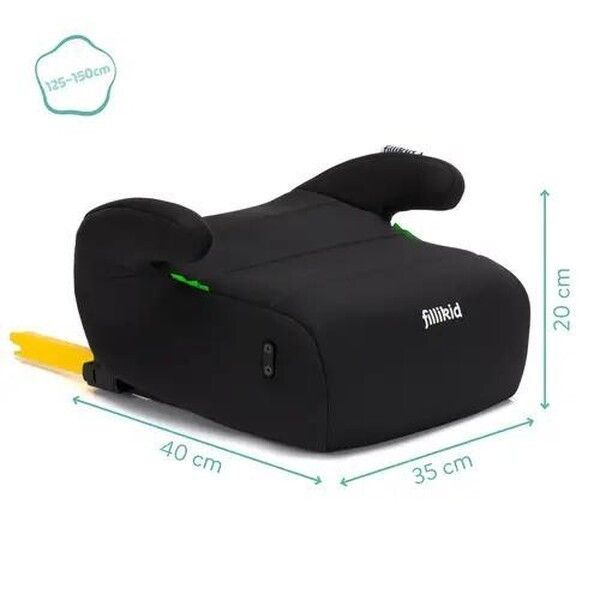 Schwarzer Kindersitz-Booster mit Isofix, Maße: 40x35x20 cm, für 125-150 cm Körpergröße.
