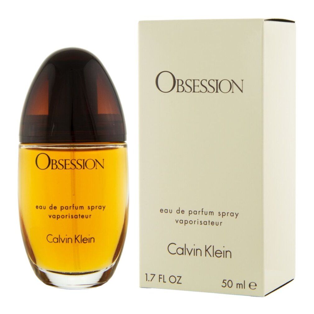 Parfümflasche und Verpackung. Aufschrift: Obsession, Eau de Parfum Spray, Calvin Klein. Flasche: 50 ml, 1.7 FL OZ.