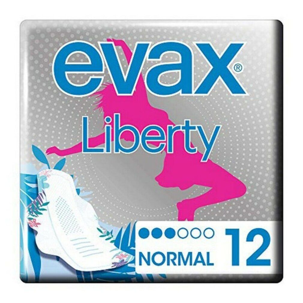 Verpackung von Damenbinden. Marke Evax Liberty, Schriftzug und pinke Silhouette einer Frau. 12 Stück, normal.