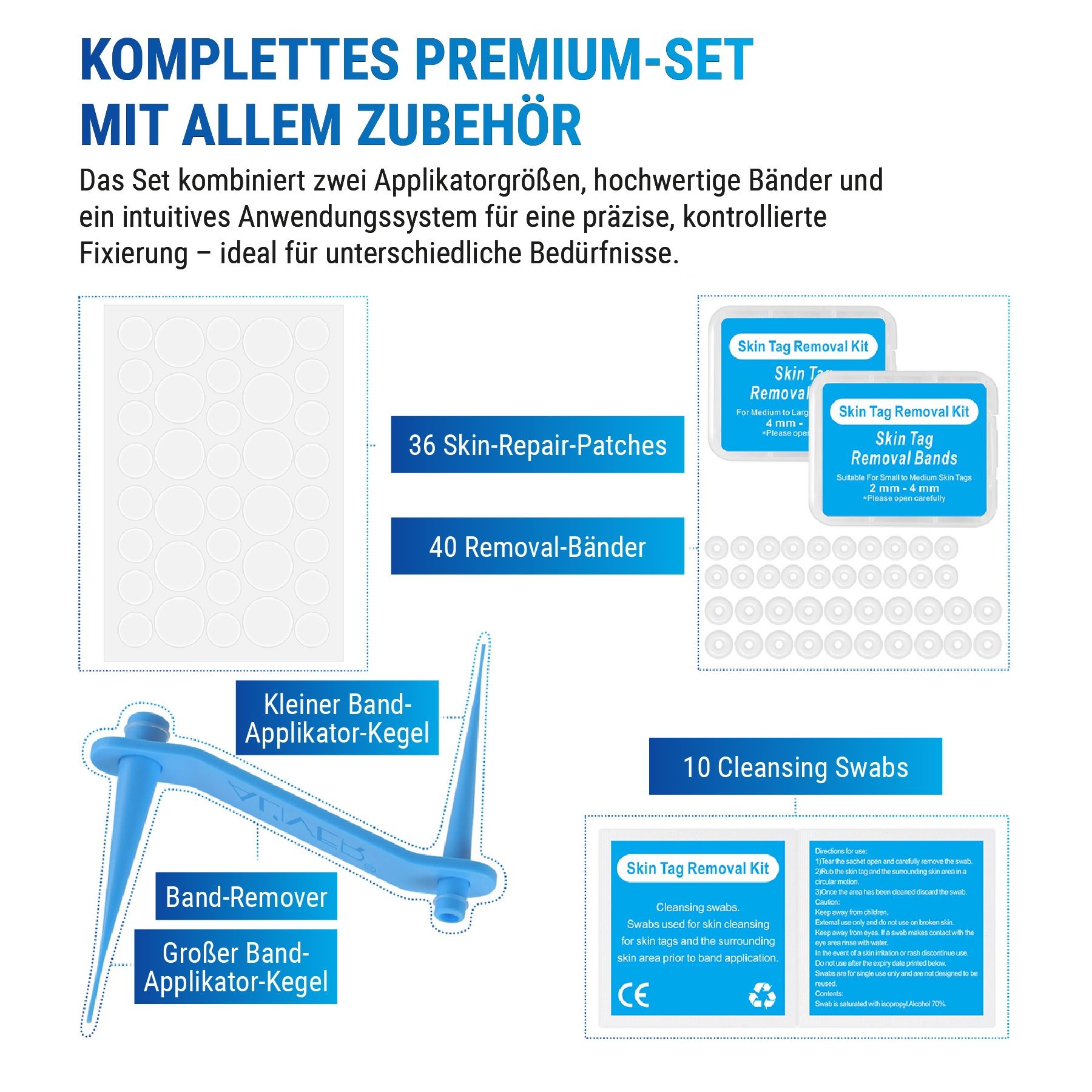Set mit Applikator, Pflastern, Bändern und Reinigungstüchern. Text: KOMPLETTES PREMIUM-SET MIT ALLEM ZUBEHÖR. CE-Kennzeichnung.
