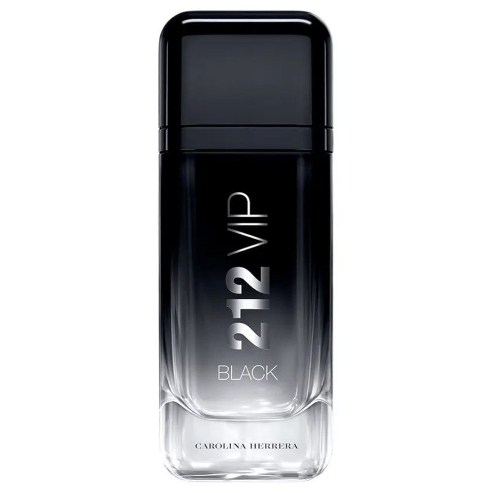 Schwarzer Flakon. Aufschrift: 212 VIP BLACK, Carolina Herrera. Flakon mit Farbverlauf.