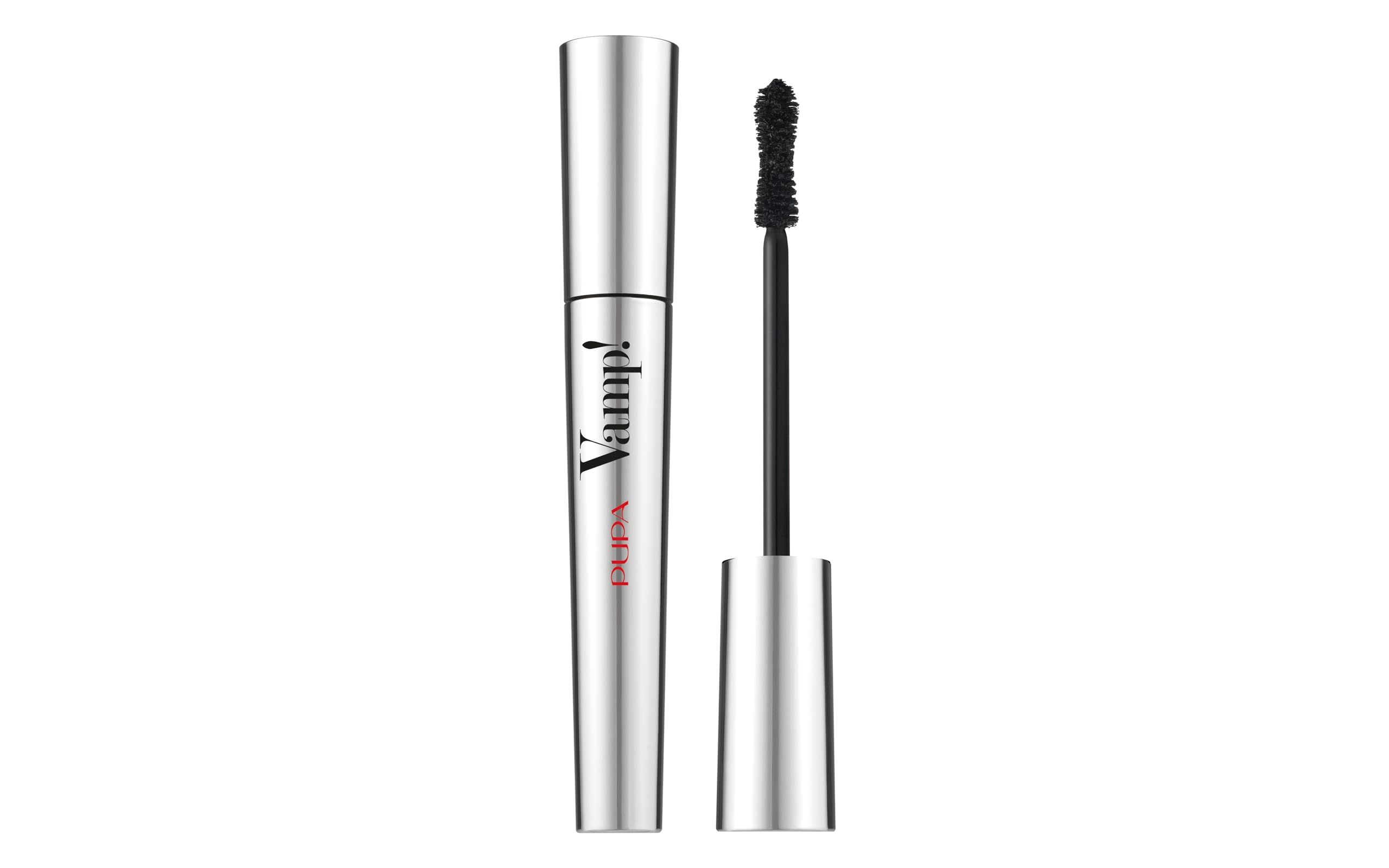 Mascara-Tube und Bürste. Silberfarbenes Gehäuse, schwarze Bürste, Schriftzug Vamp!