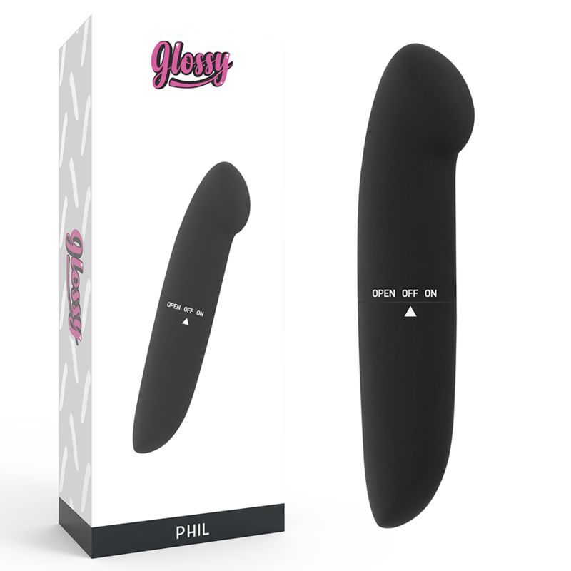 Schwarzer Vibrator mit abgerundeter Form. Auf der Oberfläche sind die Beschriftungen "OPEN OFF ON" zu sehen. Das Produkt ist in einer Verpackung mit dem Logo "Glossy" abgebildet.