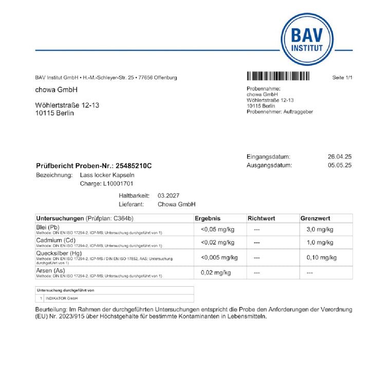 Prüfbericht des BAV Instituts. Analyse von Lass Locker Kapseln. Ergebnisse für Schwermetalle und Arsen.