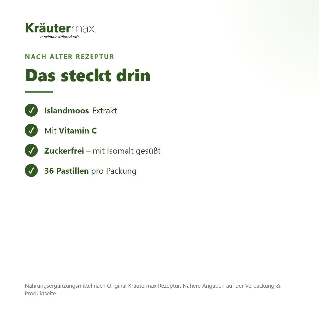 Kräutermax Isländisch Moos Lutschtabletten: Zutatenliste mit Islandmoos-Extrakt, Vitamin C.