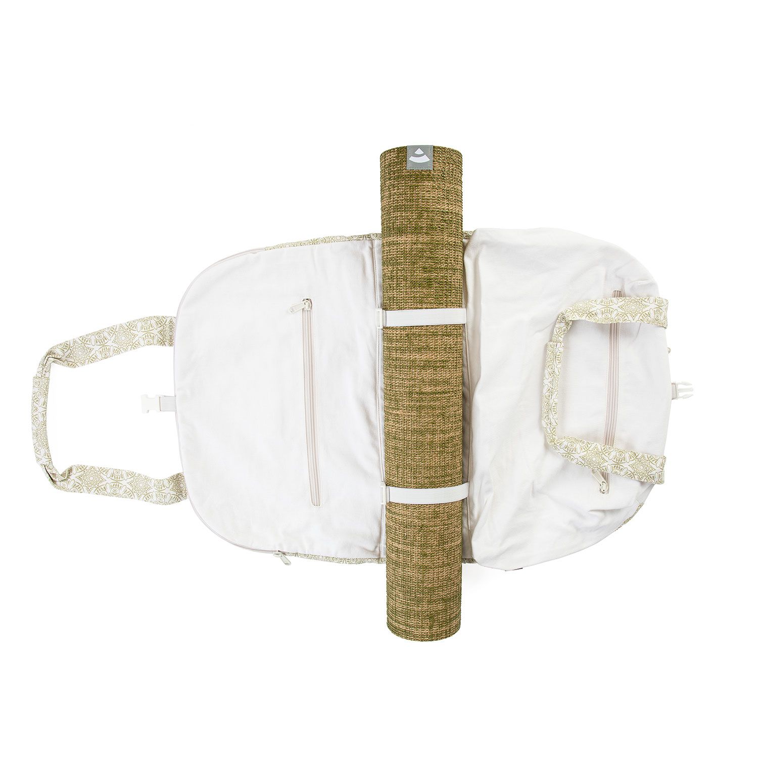 Geöffnete Yoga-Tasche mit gerolltem Yoga-Matte. Ecru-farbenes Muster. Innenfächer.