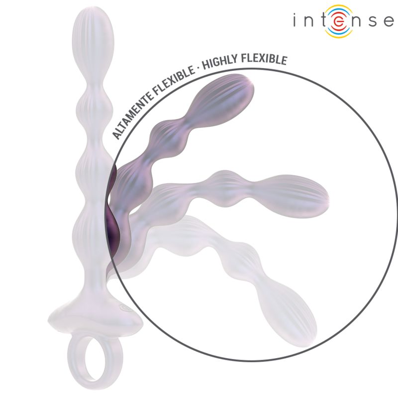 Flexibler Analstecker, lila und transparent. Hervorgehoben ist die Flexibilität des Produkts.