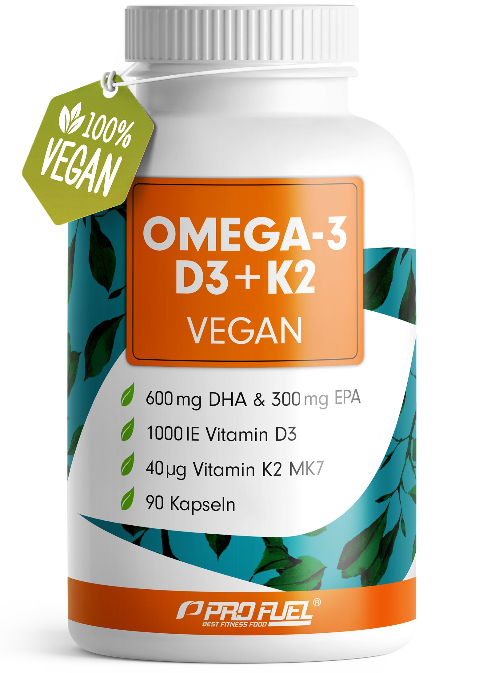 Weiße Dose mit orangefarbenem Etikett, Omega-3, Vitamin D3 & K2, 90 Kapseln, 100% Vegan.