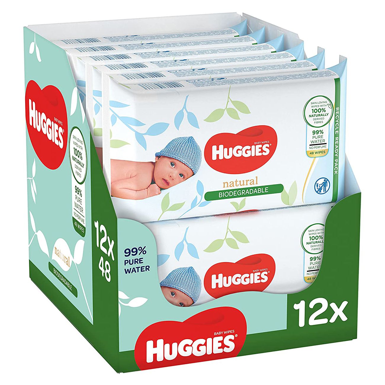 Huggies Feuchttücher-Display. Enthält 12 Packungen à 48 Tücher. Verpackung mit Baby-Motiv und Produktinformationen.