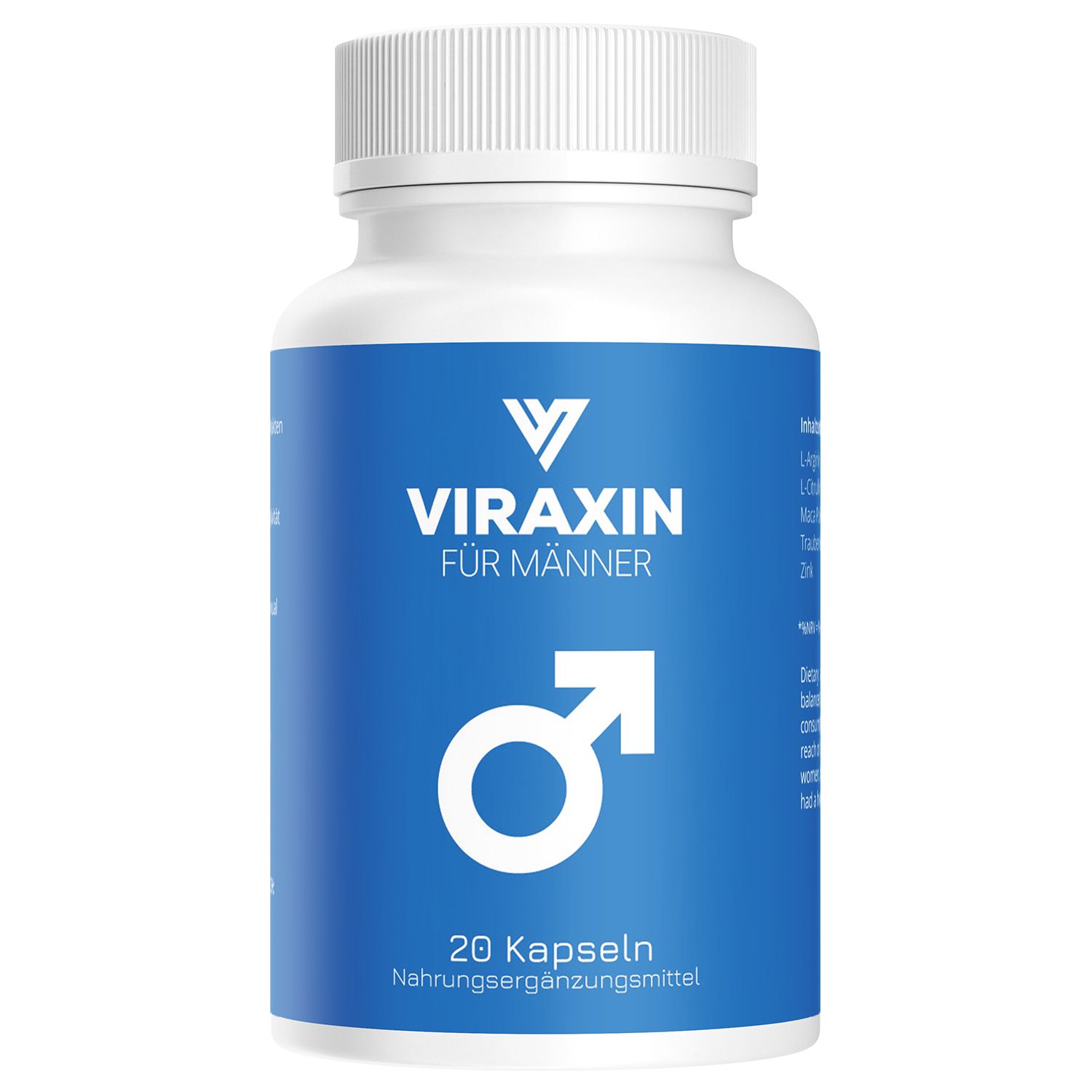 Weiße Flasche mit blauem Etikett. Aufschrift: Viraxin für Männer, Männlichkeits-Symbol, 20 Kapseln. Nahrungsergänzungsmittel.