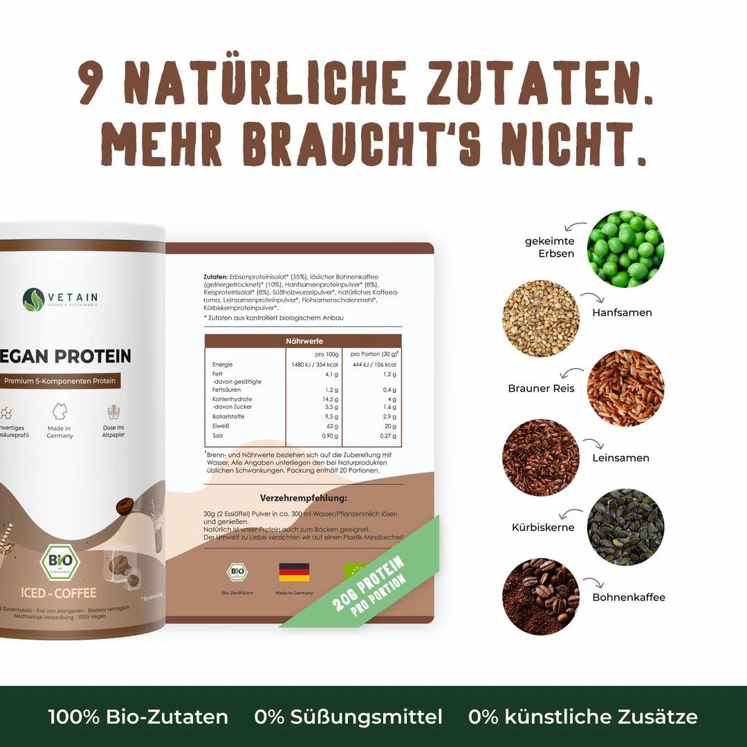 Dose Vetain Vegan Protein Iced-Coffee neben Zutaten-Illustrationen: Erbsen, Hanfsamen, brauner Reis, Leinsamen, Kürbiskerne, Bohnenkaffee.