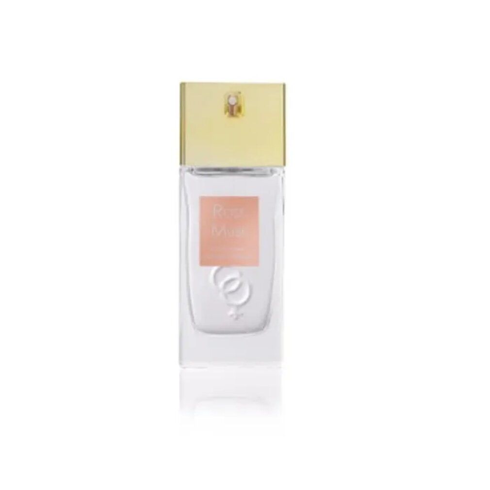 Parfümflakon mit goldfarbenem Deckel. Auf dem Etikett steht "Rose Musk". Unter dem Etikett sind zwei Ringe abgebildet.