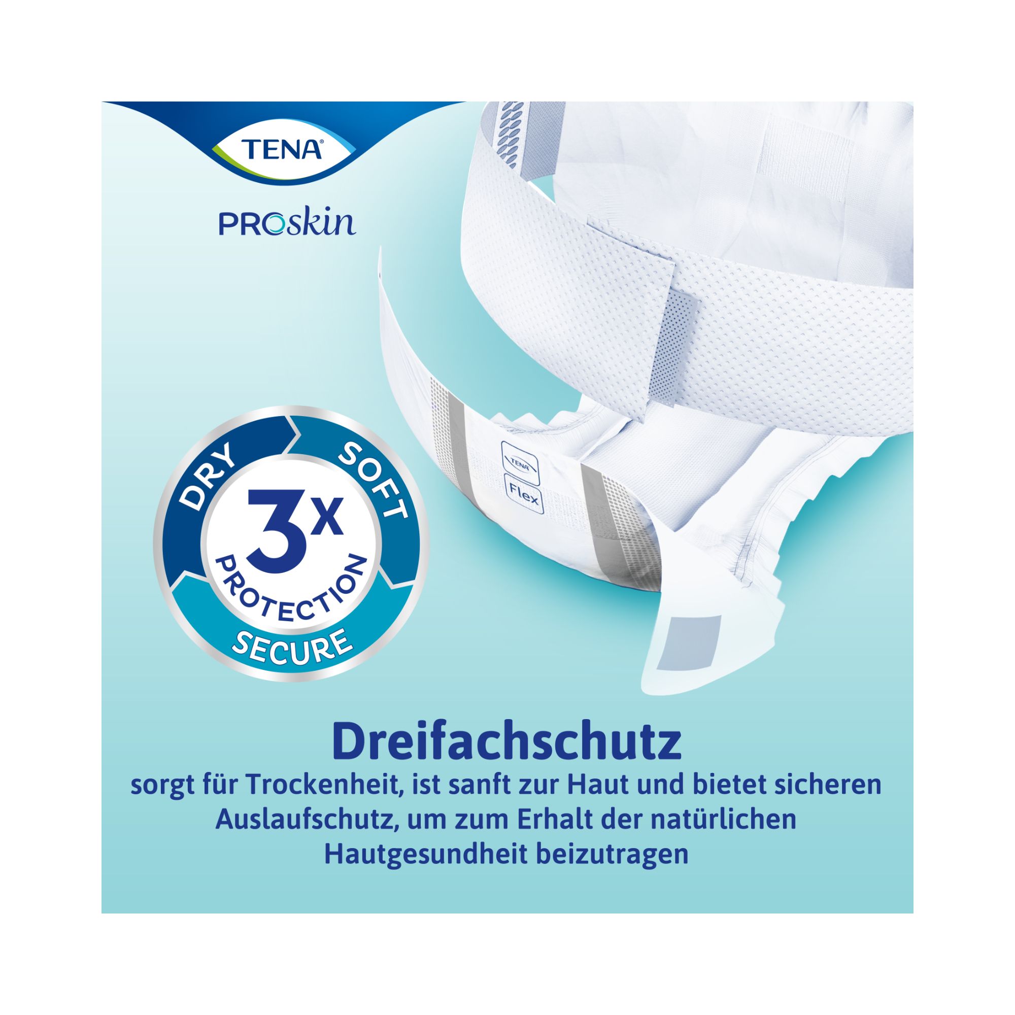 TENA ProSkin Flex mit 3x Schutz-Logo. Produkt mit weißem Hintergrund und blauen Details.