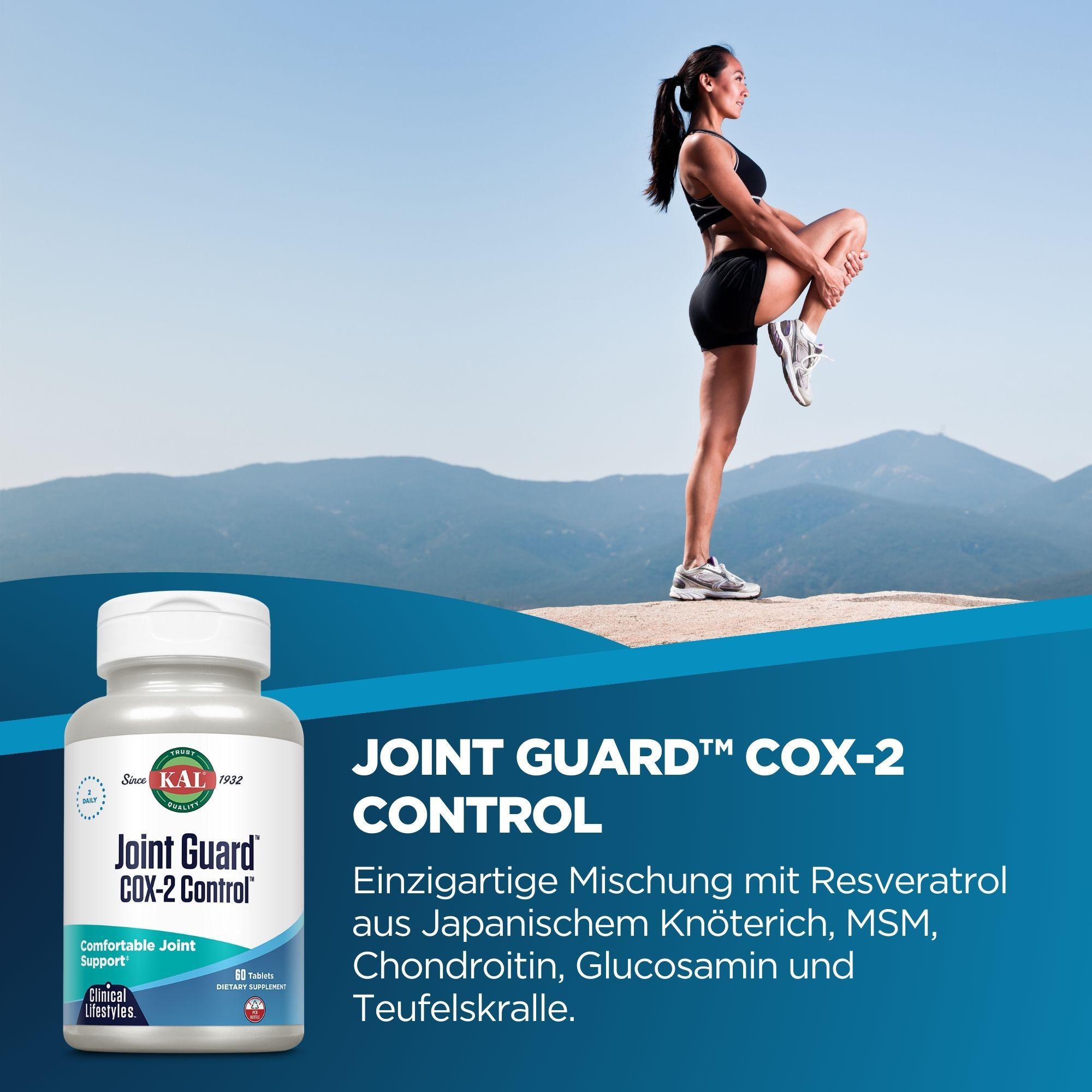 Weißes Pillenfläschchen mit rotem und grünem Etikett. Text: Joint Guard COX-2 Control. Frau dehnt sich im Hintergrund.