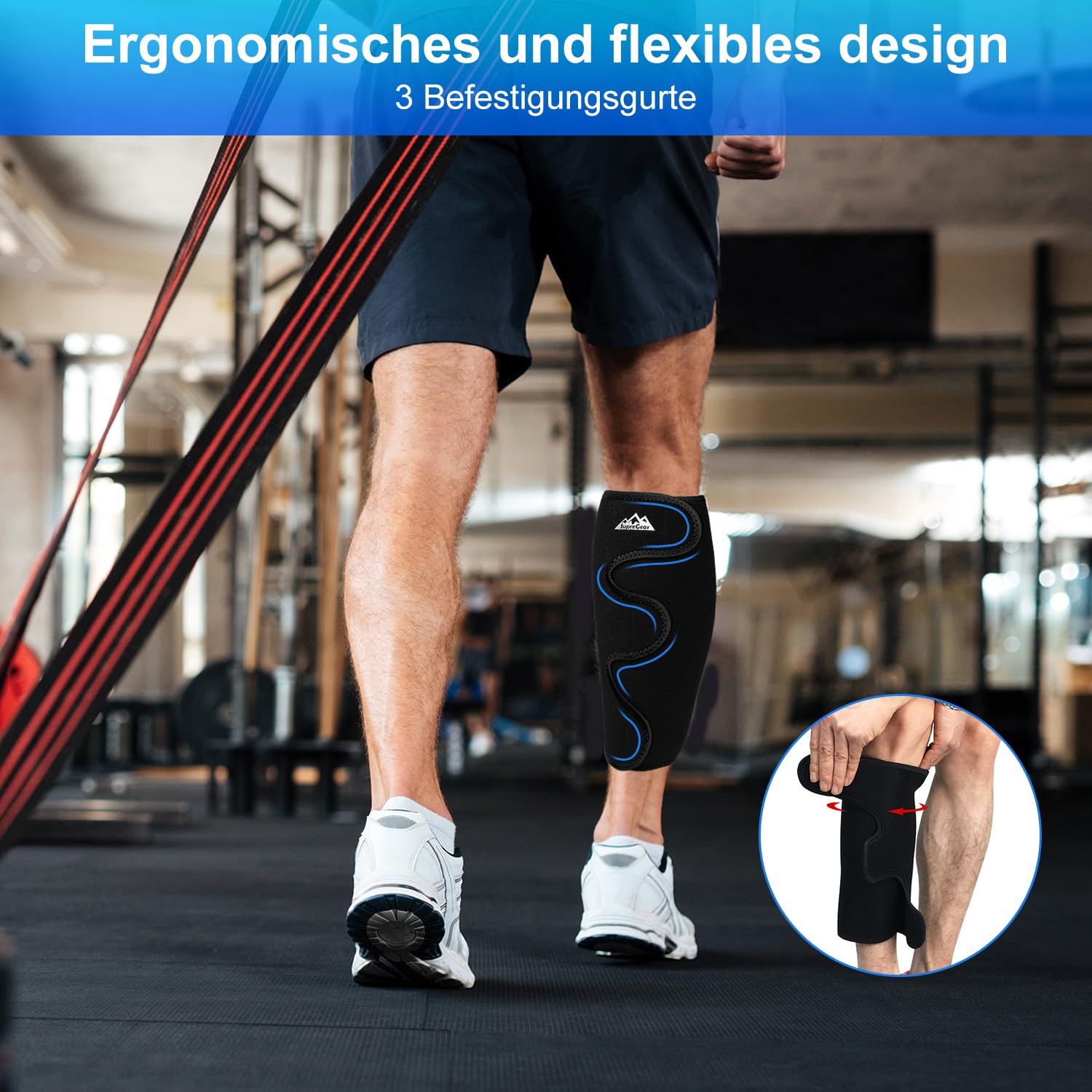 Schwarze Wadenbandage mit drei Befestigungsgurten und Berglogo, getragen von einem Mann.