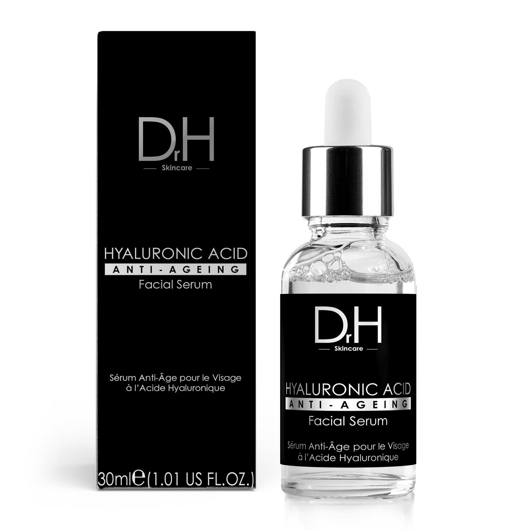 Dr H Hyaluronsäure Anti-Aging Gesichtsserum in schwarzer Verpackung und Glasflasche mit Pipette.
