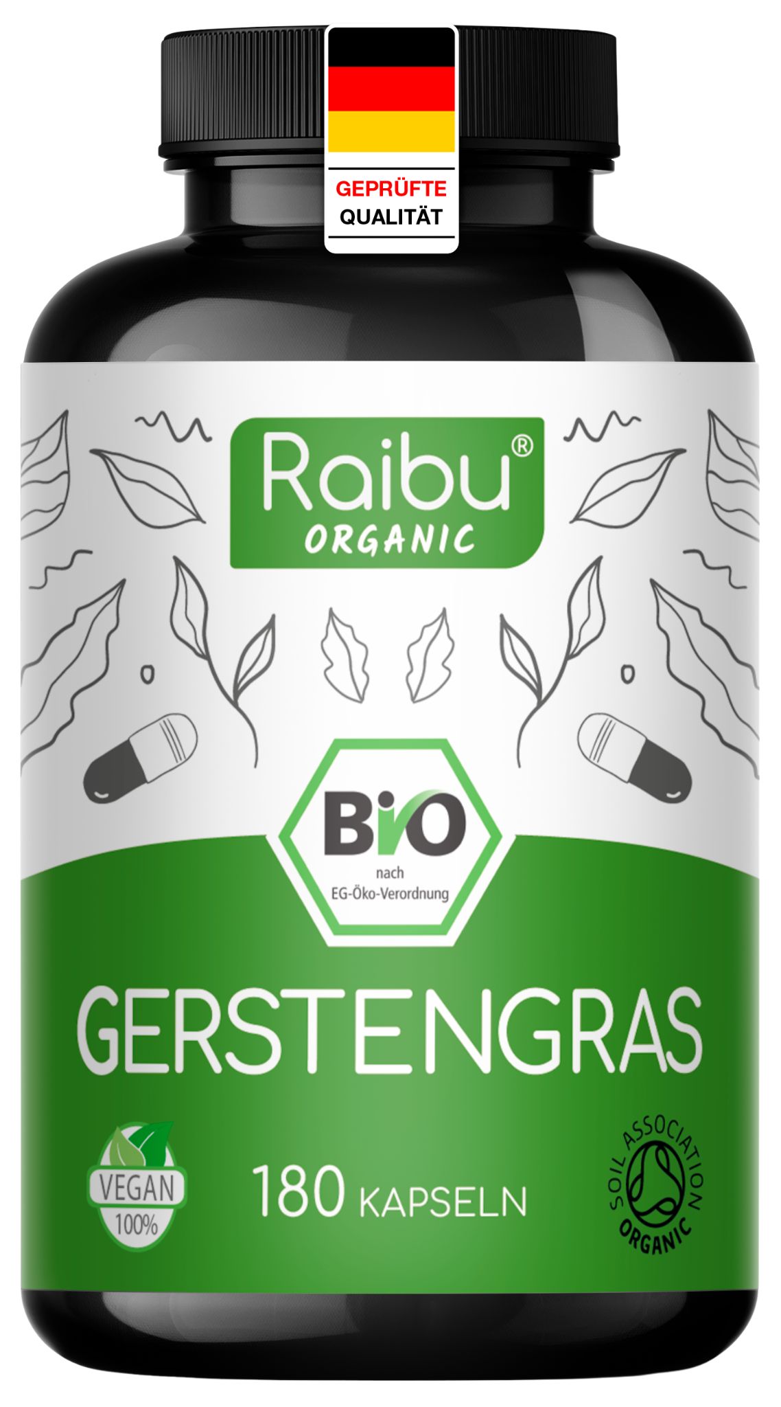 Schwarze Flasche mit grüner Aufschrift "GERSTENGRAS". Enthält 180 Kapseln. BIO-Zertifizierung und Vegan-Siegel.