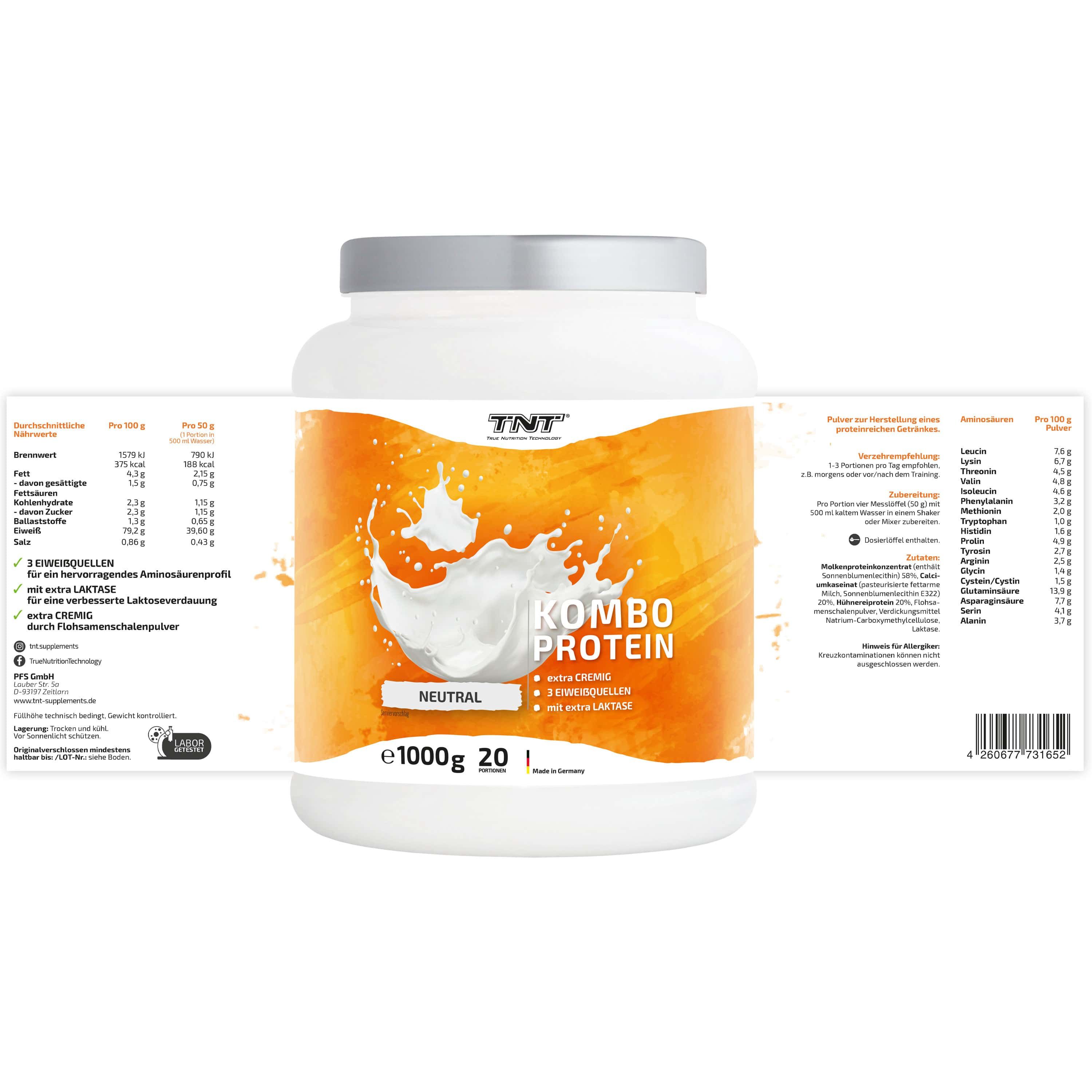 TNT Kombo Protein-Behälter mit geöffneter Verpackung. Aufdruck: Kombo Protein, Neutral, e1000g. Nährwertangaben und Aminosäurenprofil.
