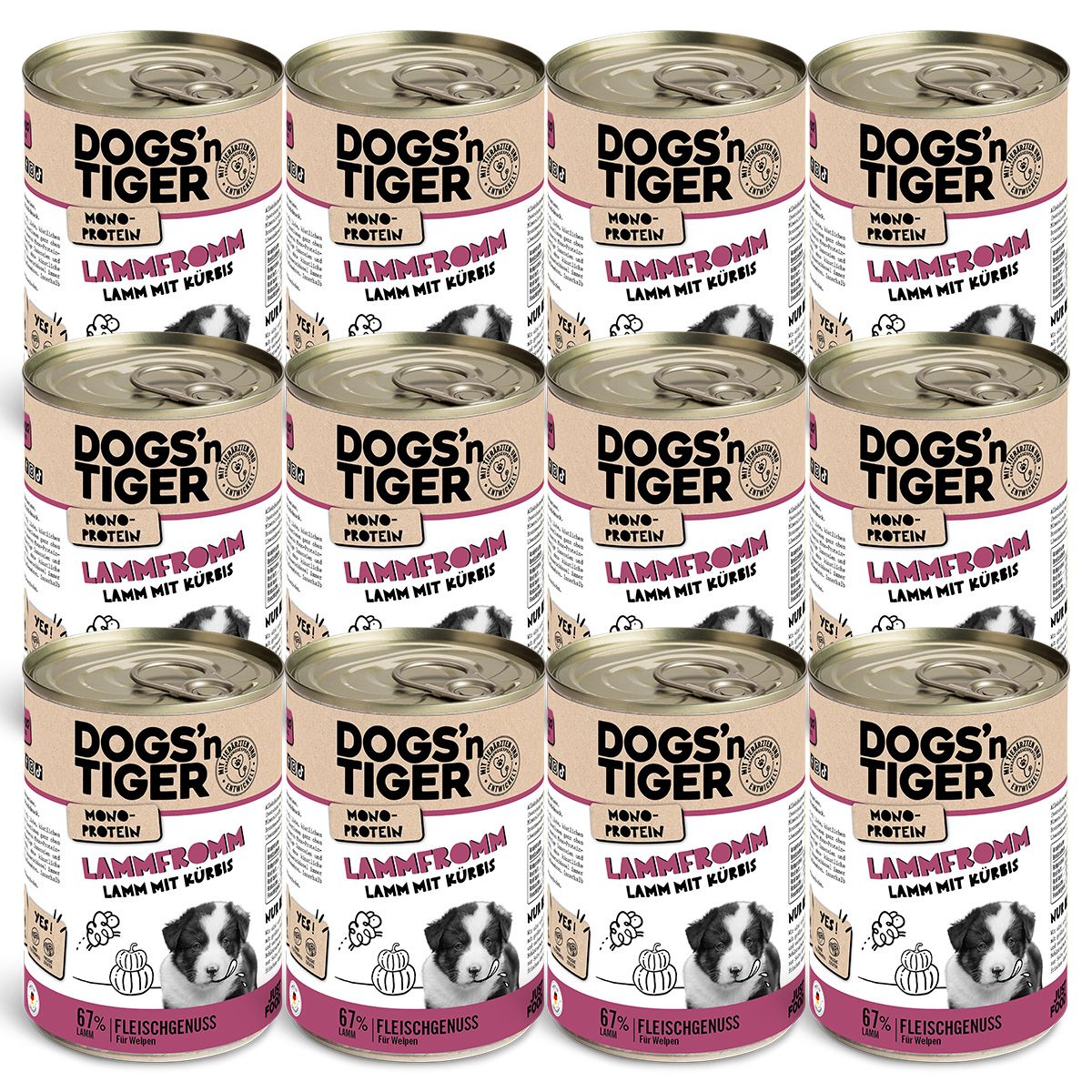 Dosenfutter "Dogs'n Tiger Junior" Lammfromm mit Kürbis. Mehrere Dosen gestapelt. Aufschrift: Monoprotein, 67% Fleischgenuss, Welpen Futter.