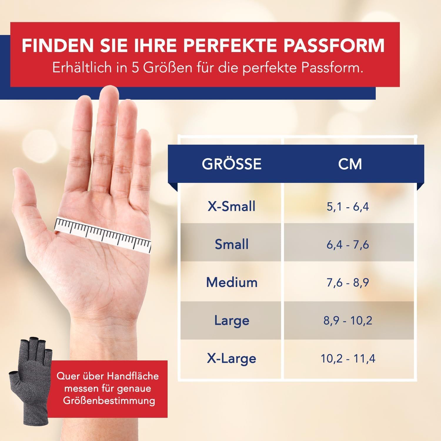 Größentabelle für Kompressionshandschuhe mit Handmessung.