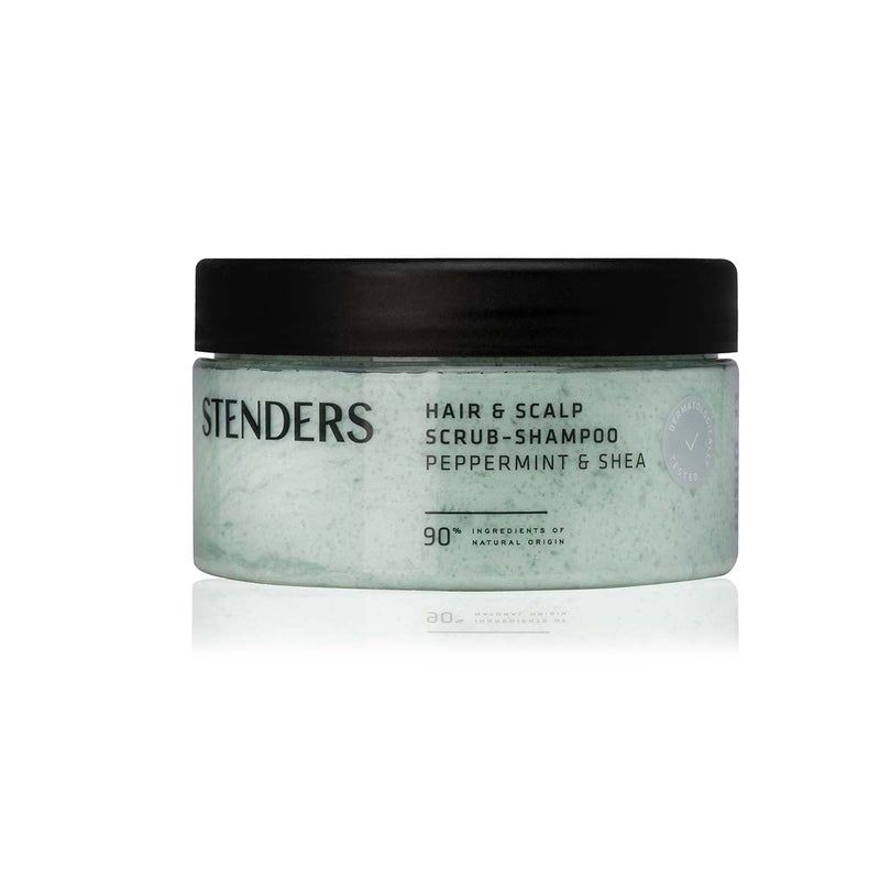 Rundes Tiegel mit schwarzem Deckel. Aufschrift: STENDERS, Hair & Scalp Scrub-Shampoo, Pfefferminze & Shea. 90% Inhaltsstoffe natürlichen Ursprungs.