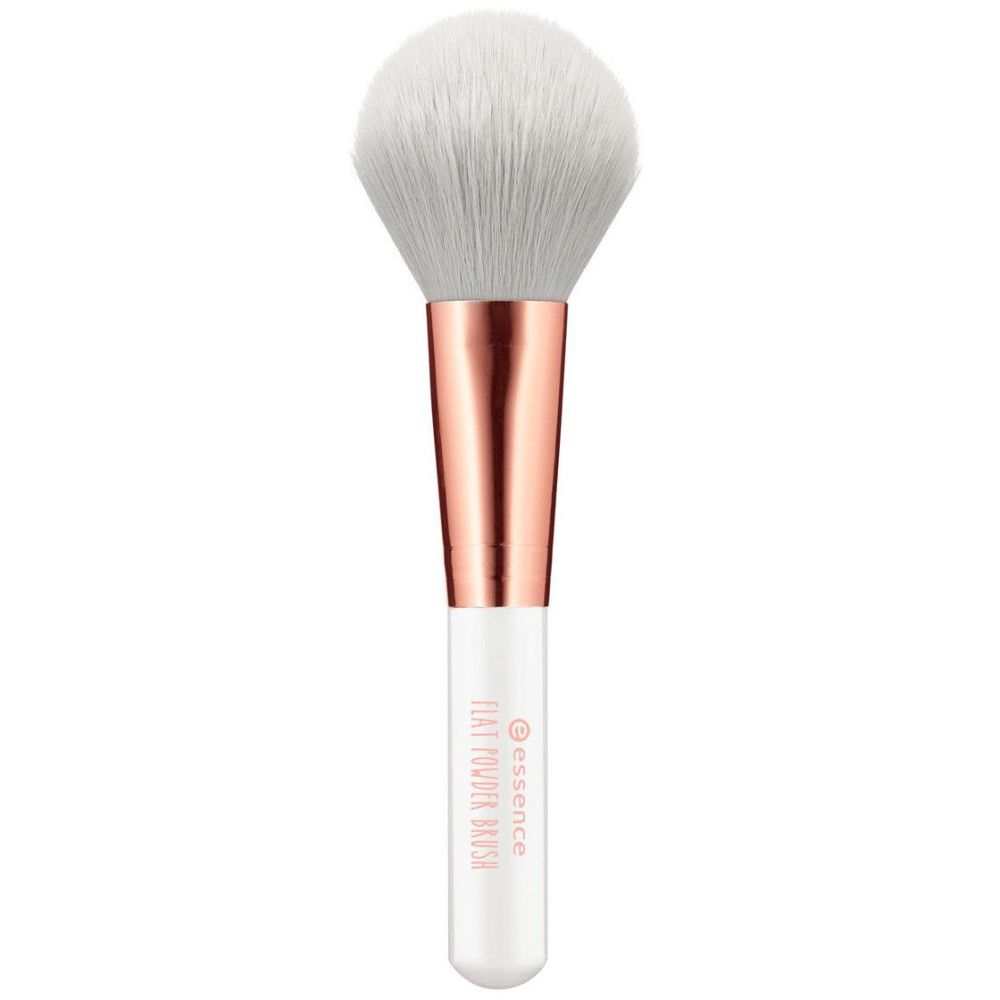Puderpinsel mit weißem Pinselkopf und Griff. Roségoldfarbene Zwinge. Auf dem Griff steht "FLAT POWDER BRUSH".