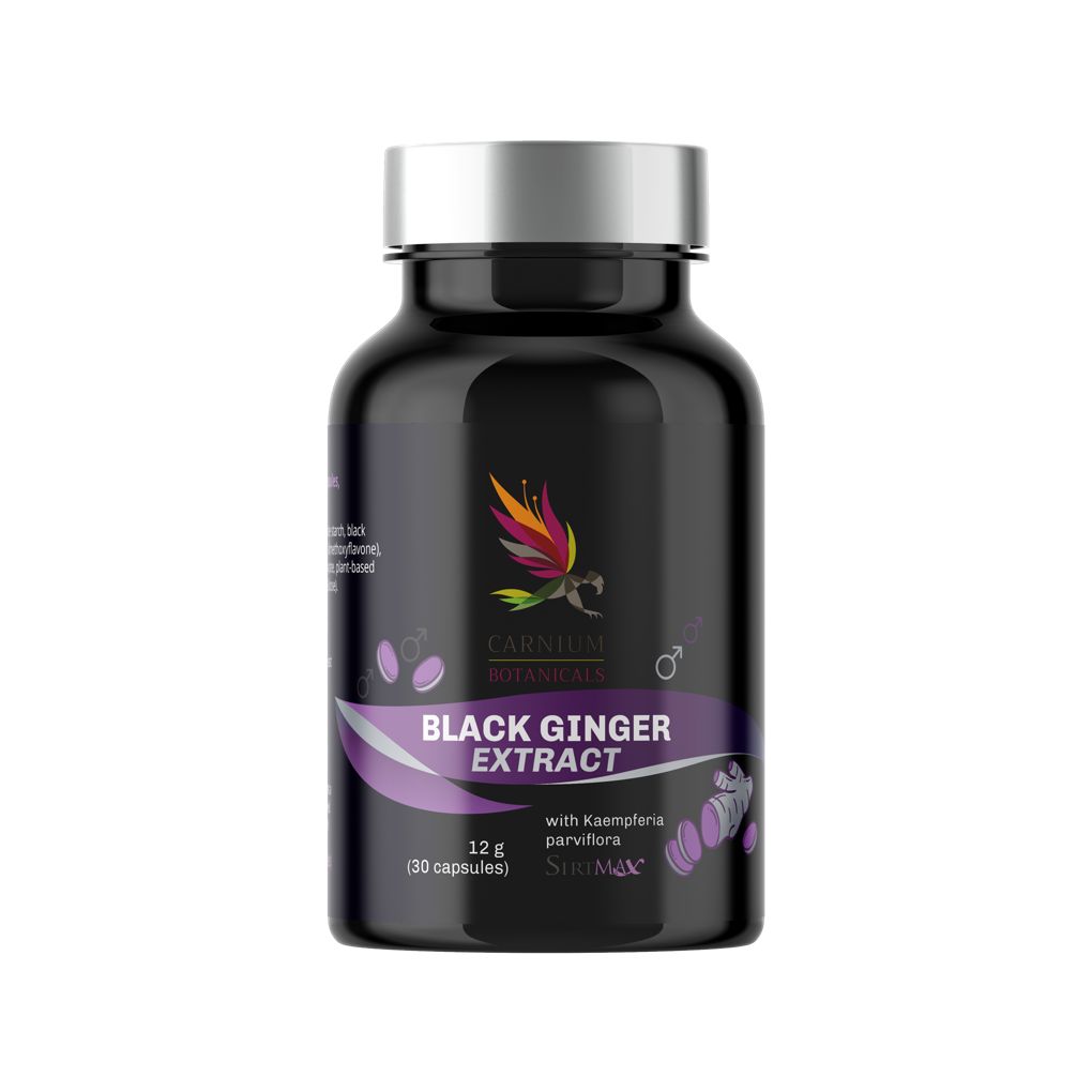 Schwarze Flasche mit silbernem Deckel. Aufschrift: Black Ginger Extract. Enthält 30 Kapseln. Marke: Carnium Botanicals.