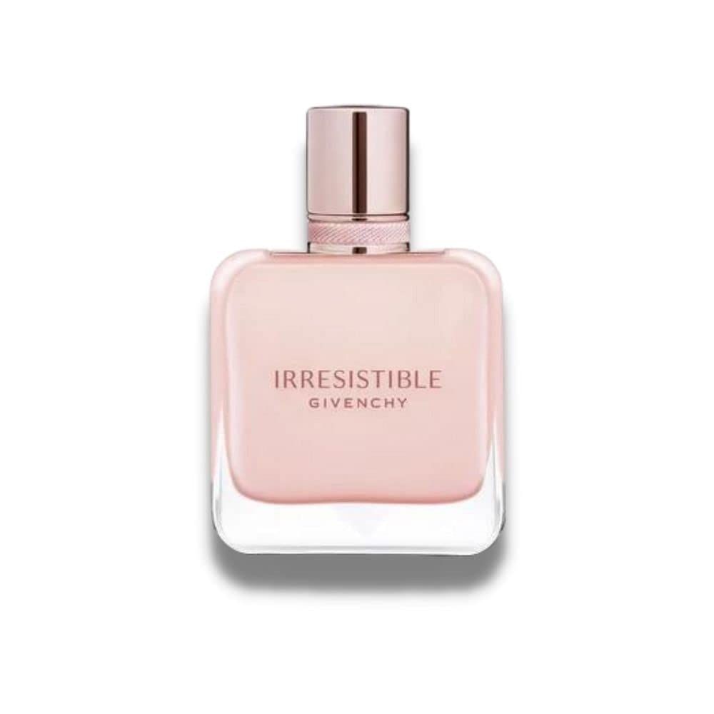 Rosa Eau de Parfum Flakon. Aufschrift: Irresistible Givenchy. Rechteckige Flasche mit rosafarbenem Inhalt und roségoldfarbenem Verschluss.