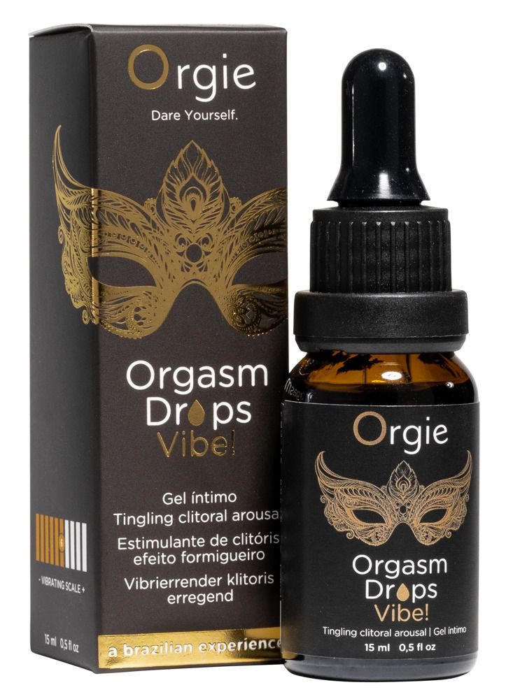 Braune Flasche mit Tropfer und schwarzer Verpackung. Produktname: Orgie Orgasm Drops Vibe! Text: Gel intimo. 15 ml.