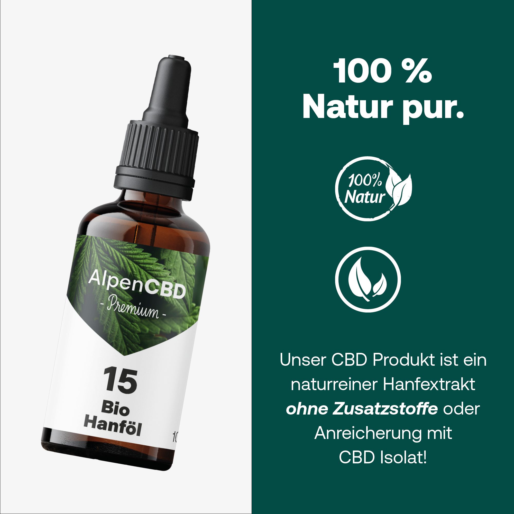 Braune Glasflasche mit Tropfer und Etikett. Text: AlpenCBD 15 Bio Hanföl. Logos: 100% Natur, 100% Natur.