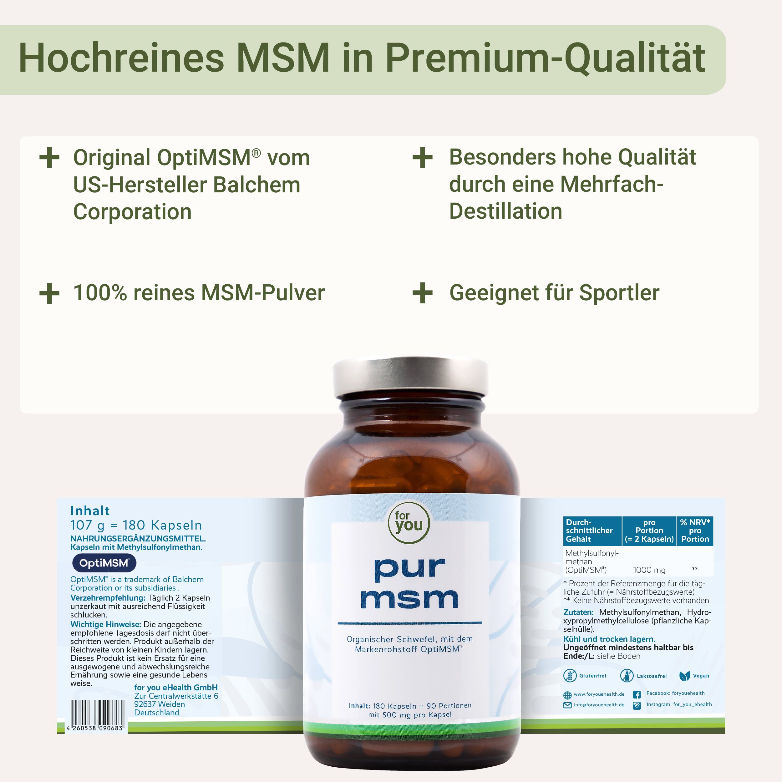 Braune Glasflasche mit Kapseln. Das Etikett zeigt "pur msm". Daneben Informationen zu Inhaltsstoffen und Herstellung.