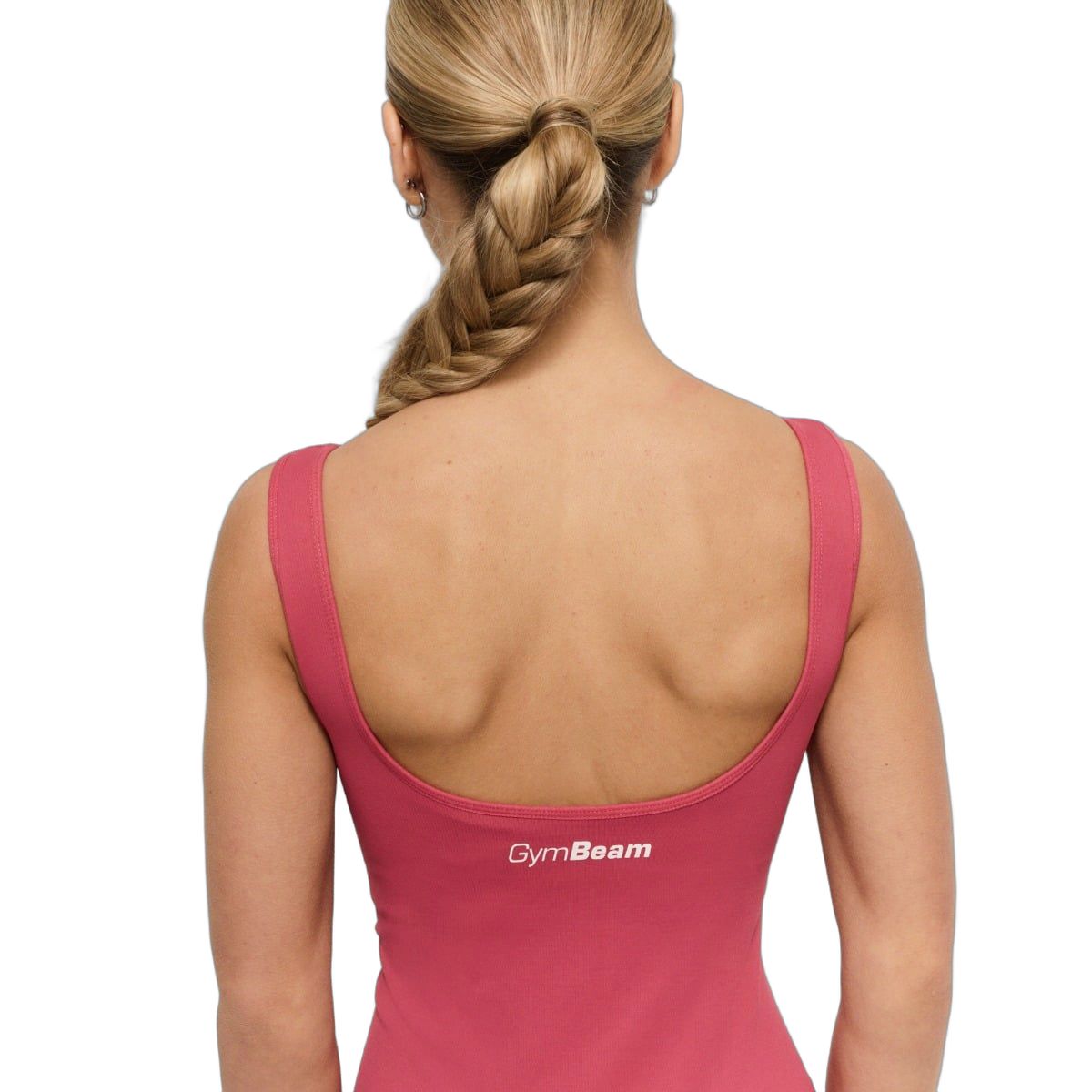 Rückansicht des Ausschnitts eines ärmellosen Damen-Jumpsuits in Rosé mit Logo.