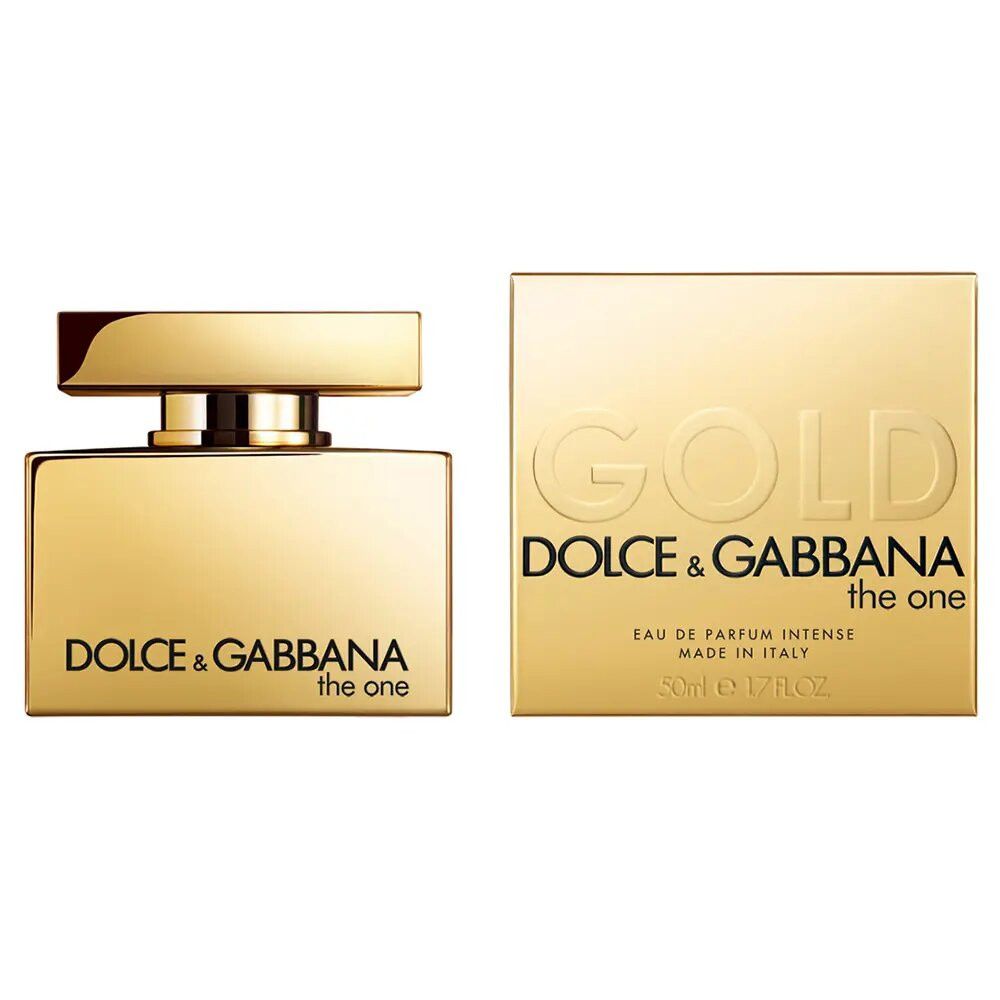 Goldfarbener Flakon und Verpackung. Aufschrift: Dolce & Gabbana The One. Goldene Schrift auf goldfarbenem Hintergrund. Made in Italy.