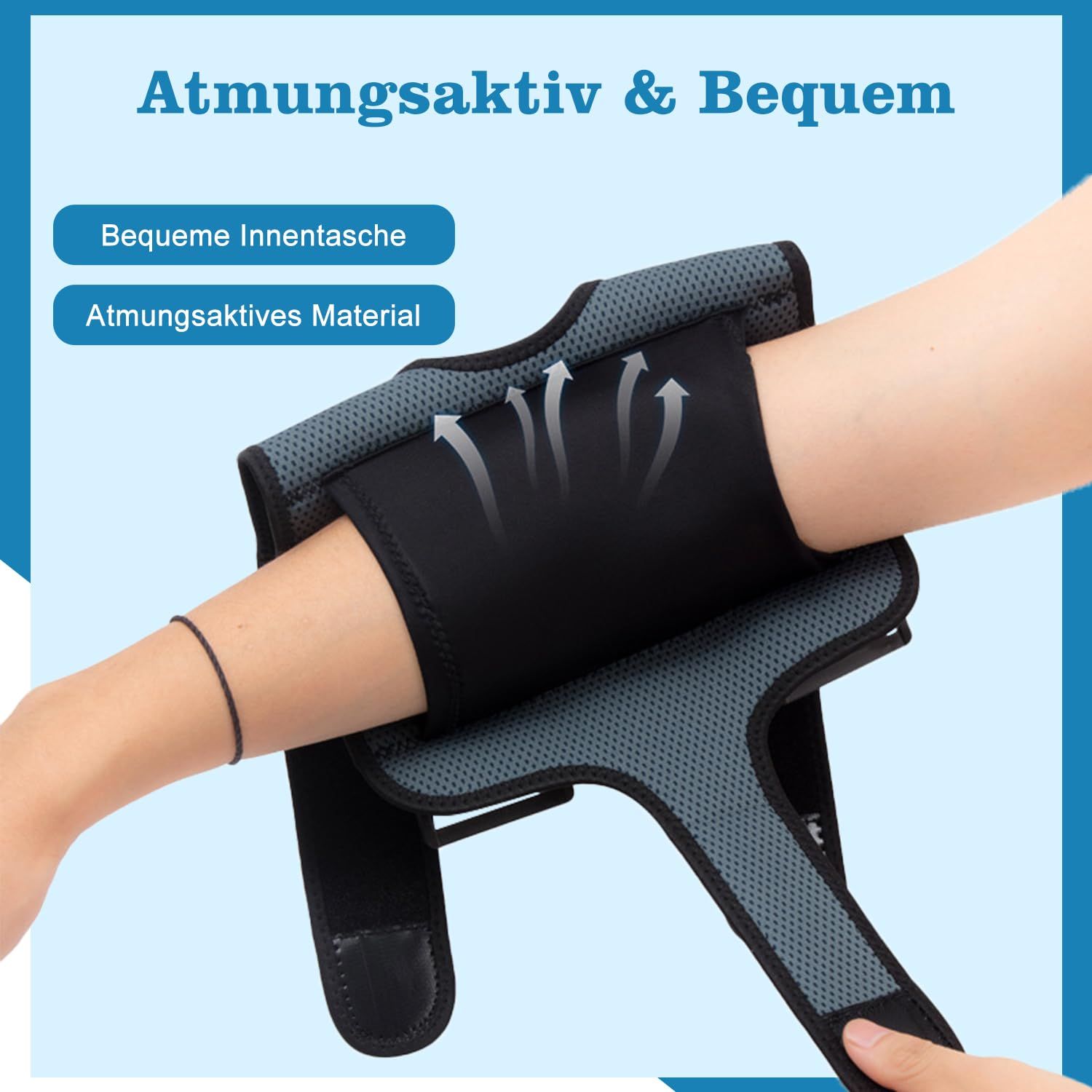 Person trägt einen schwarzen Ellenbogen-Stabilisator mit atmungsaktivem Material.