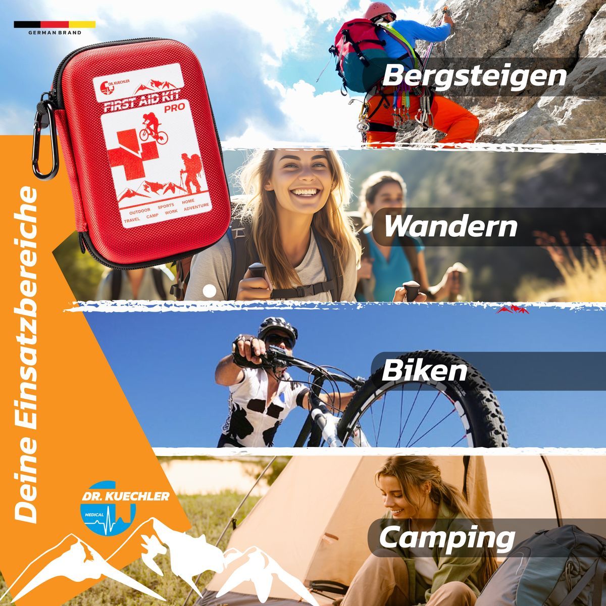 Werbebild mit rotem Erste-Hilfe-Set. Szenen: Bergsteigen, Wandern, Biken, Camping. Text: Deine Einsatzbereiche.