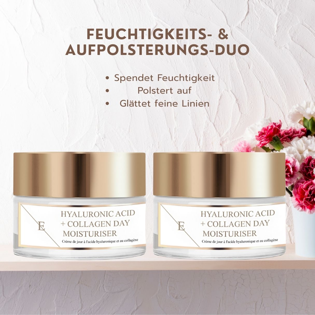 Zwei Gläser Hyaluron + Kollagen Tagescreme, Feuchtigkeits- & Aufpolsterungs-Duo.
