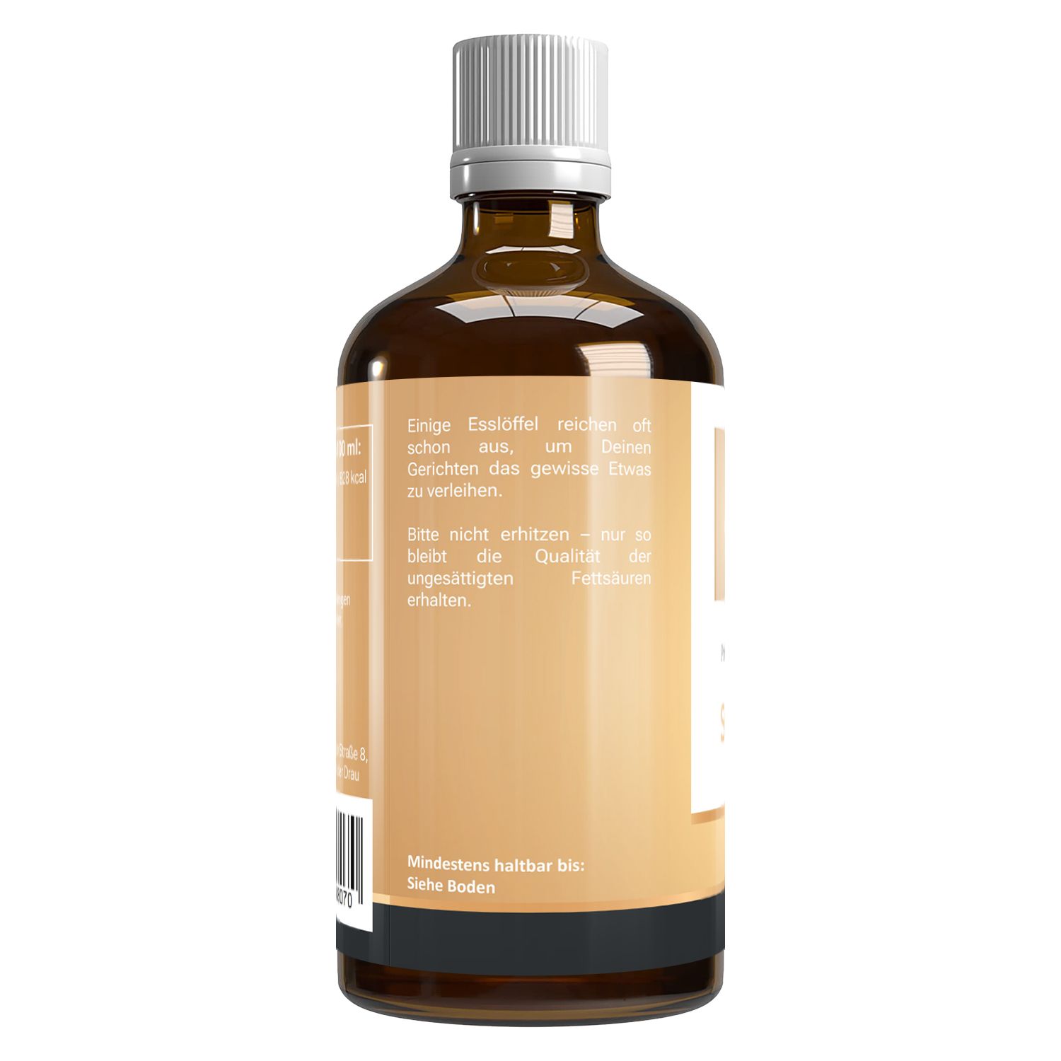 Rückseite der braunen Glasflasche mit weißem Deckel. Etikett mit Text. Mindestens haltbar bis. Barcode.