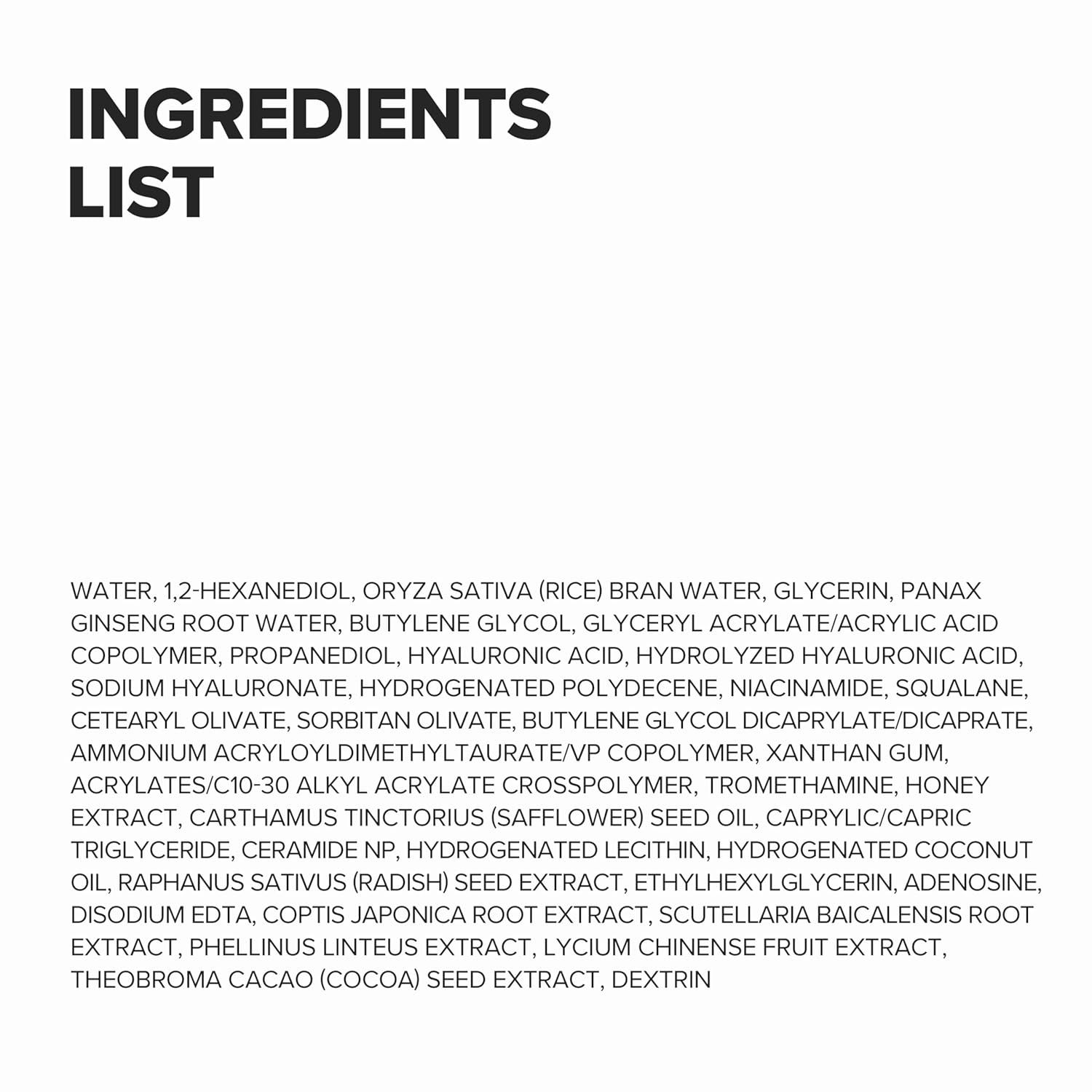 Liste der Inhaltsstoffe der Dynasty Cream. Text in Englisch.