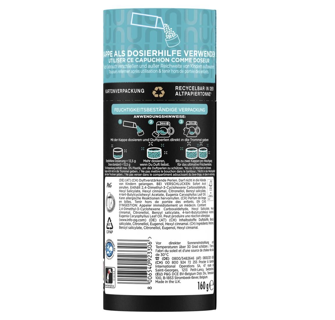 Zylindrische Verpackung. Rückseite mit Anweisungen und Inhaltsstoffen. Text: "RECYCELBAR IN ALTPAPIER". Gewicht: 160g.
