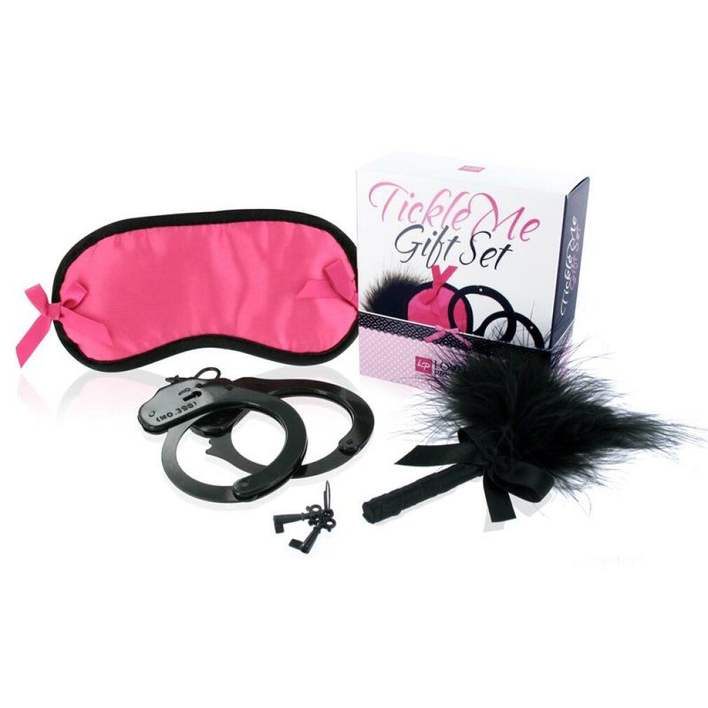 Geschenkset mit Augenmaske, Handschellen, Federfächer und Verpackung. Handschellen und Fächer sind schwarz. Augenmaske pink.