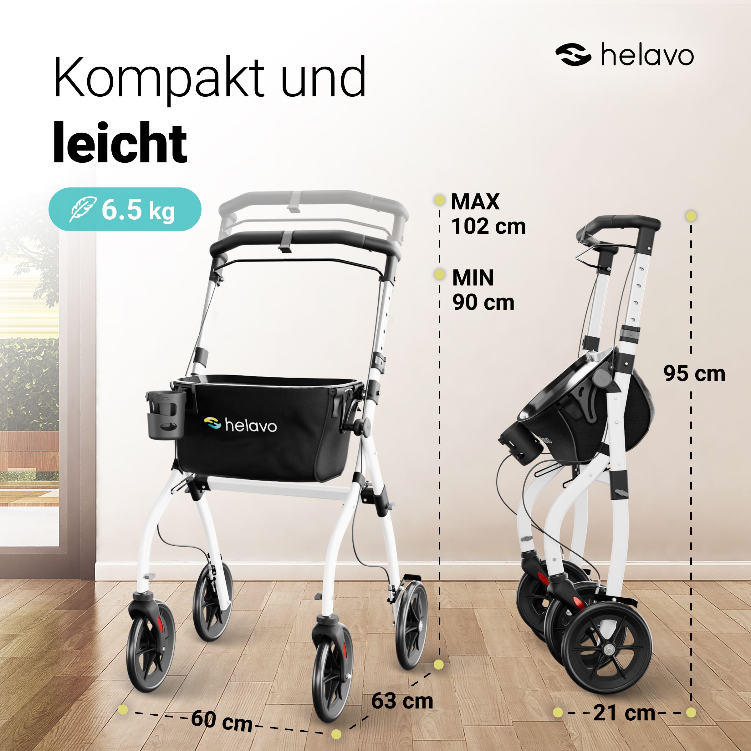 Helavo Rollator: aufgestellt (60cm breit) und zusammengeklappt (21cm breit), 95cm hoch.